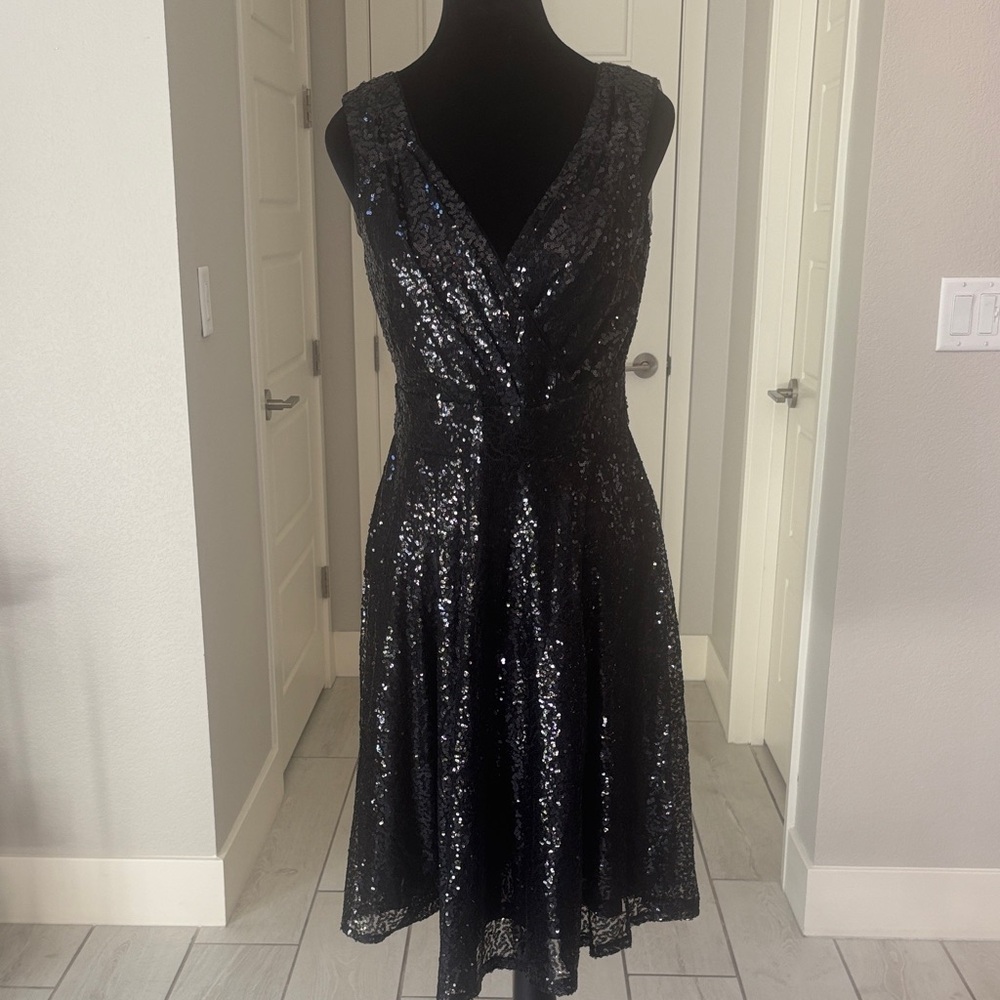 Grace Karin Sleeveless Wrap V-Neck A-line Black Sparkling Sequin Dress Size M